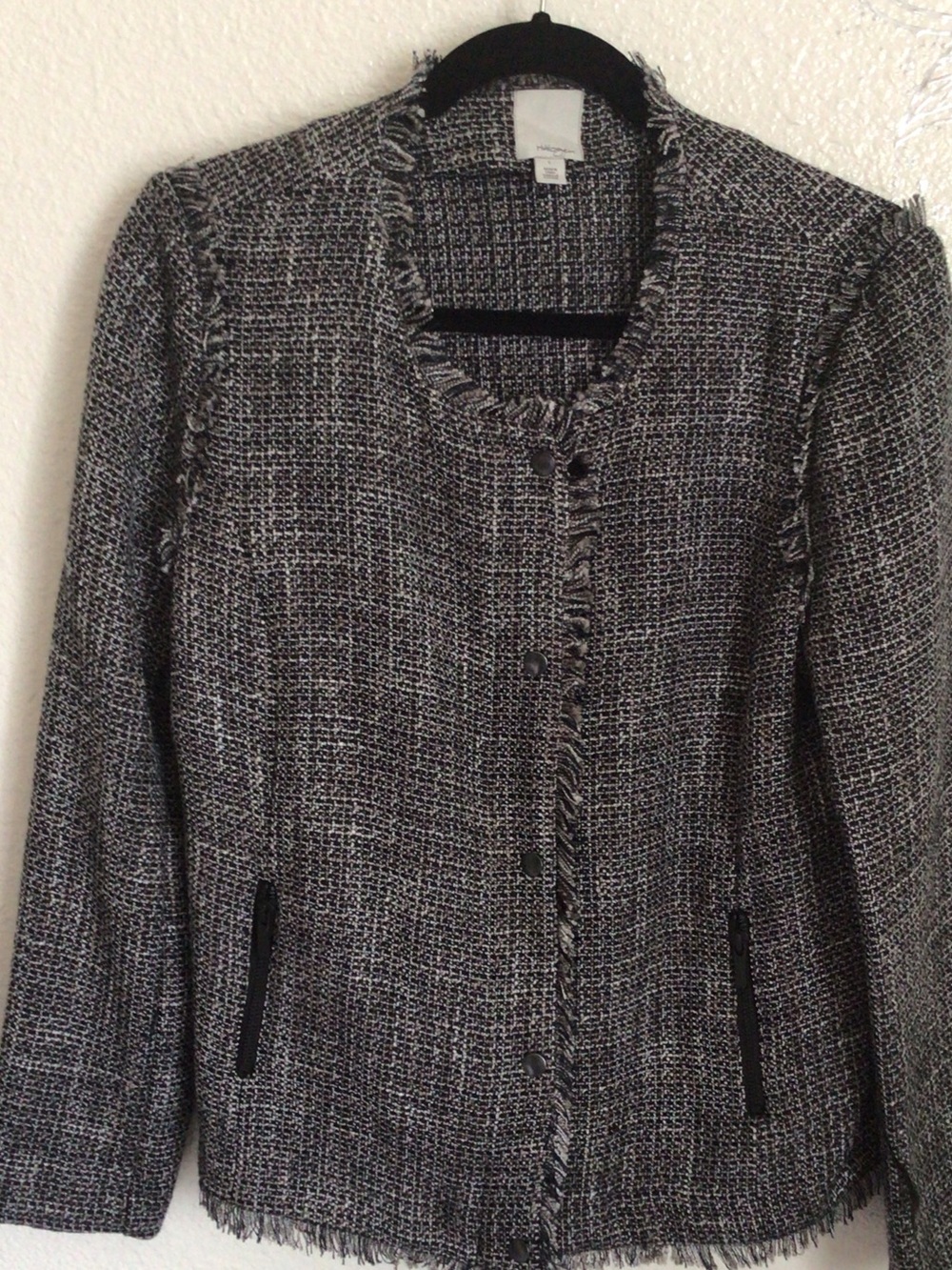 Halogen Black and White Tweed Fringe-Trim Blazer